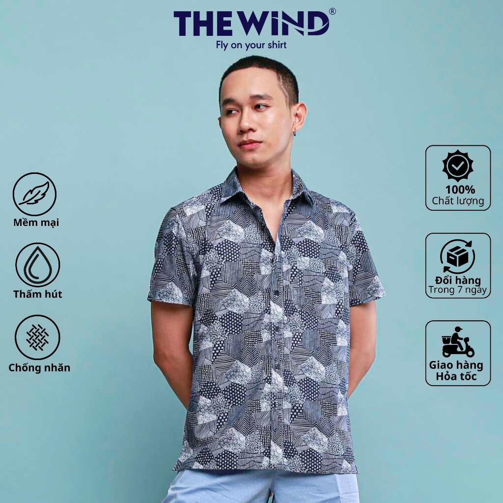 Áo sơ mi nam ngắn tay THE WIND bamboo nano họa tiết 3D nổi bật dáng ôm slim fit công sở AB23032N
