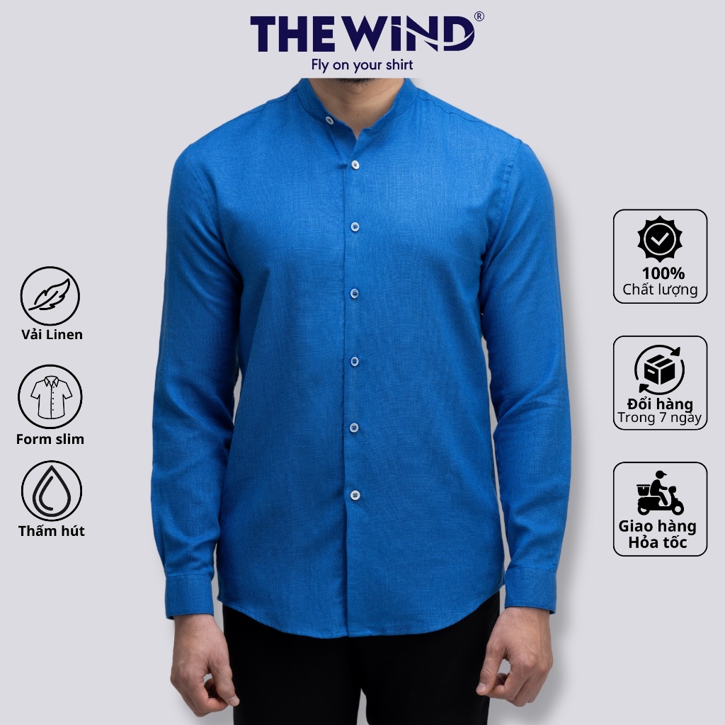 Áo sơ mi nam tay dài vải linen màu xanh THE WIND, somi công sở thoáng khí, thấm hút sang trọng AS23004D