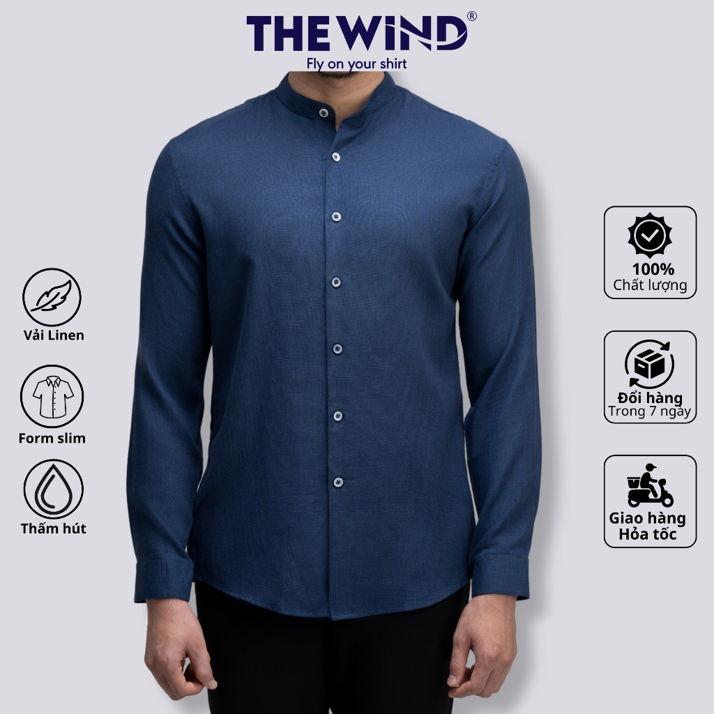 Áo sơ mi nam tay dài THE WIND linen màu xanh đậm dáng ôm cổ trụ AS23005D