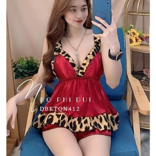 Bộ ngủ sexy có mút, vải phi bóng phối beo, phom 40-55kg