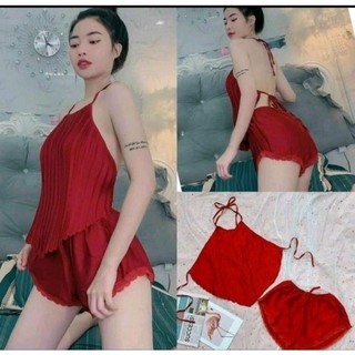 Bộ ngủ yếm dập li sexy vải phi lụa form từ 40-55kg