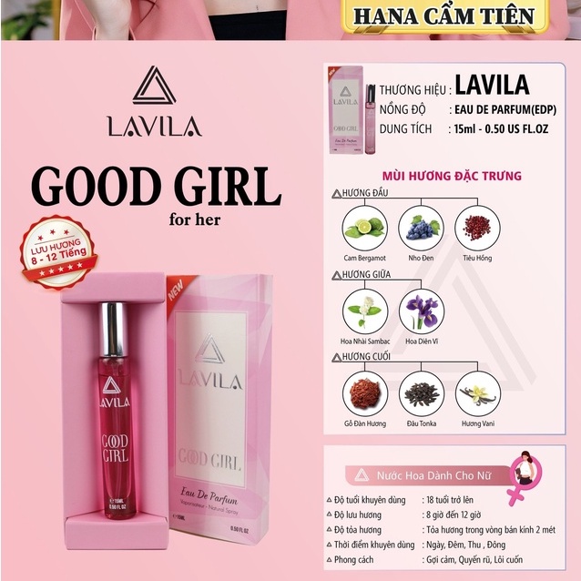 Nước hoa nữ Good Girl mini 15ml Lavila cao cấp chính hãng lưu hương chuẩn Pháp từ 8 đến 12 giờ