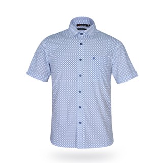 Áo sơ mi nam tay ngắn Khatoco họa tiết xanh mã A1MN468T2-CNIN269-2412-N