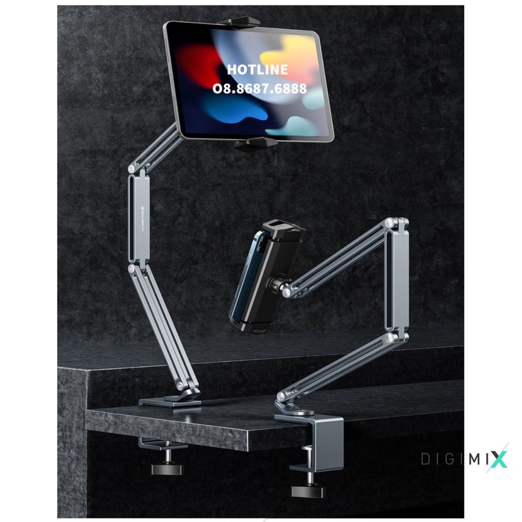 Digimix - P60 plus, P60 Arm nâng hạ ipad, tablet cao cấp kẹp cạnh bàn điều chỉnh thoải mái xoay 360 độ.