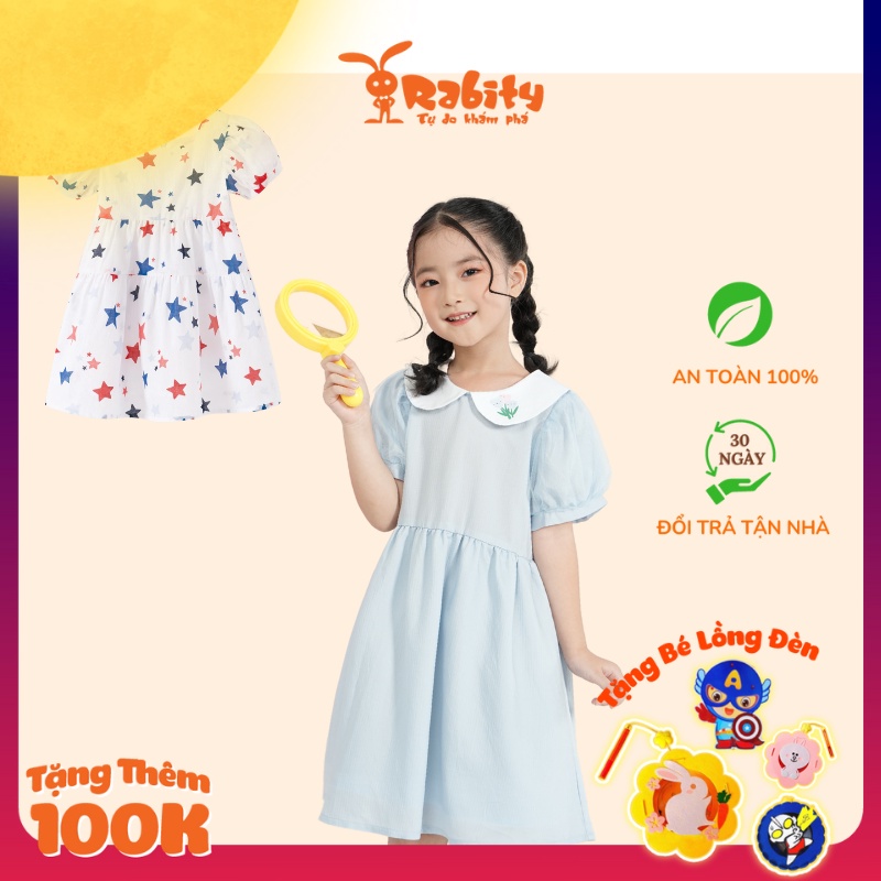 Đầm váy thô ngắn tay bé gái Rabity cổ sen tay bồng màu sắc nhẹ nhàng, kết hợp hình in bông hoa bé xinh trên cổ áo 93246