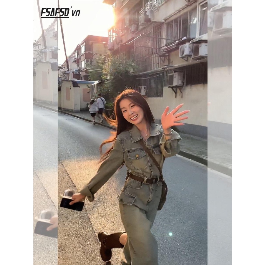 Đầm denim Dài Ôm Eo Phong Cách retro Mỹ Cho Nữ