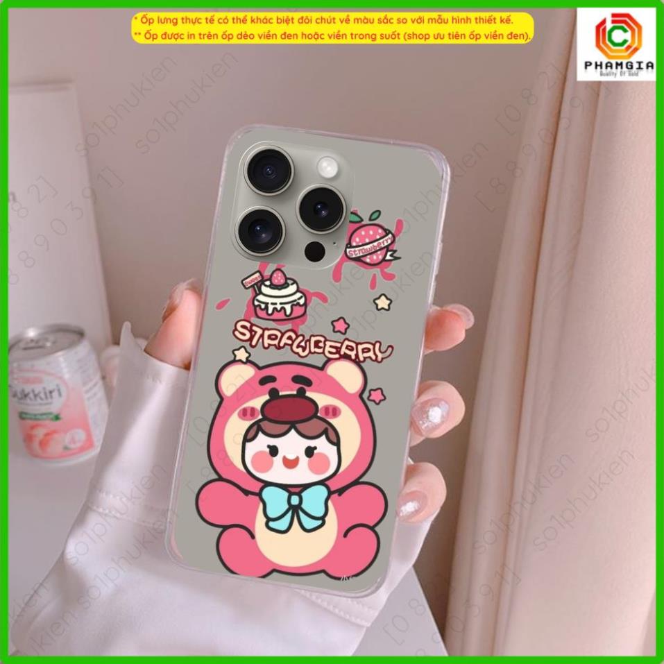 Ốp lưng iPhone 15 14 13 12 11 mini pro plus pro max dẻo trong suốt hình gấu dâu, strawberry mẫu thiết kế dễ thương, đẹp