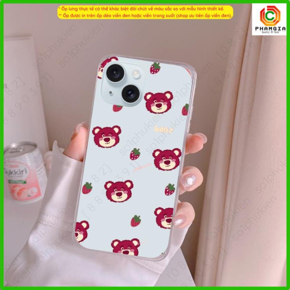 Ốp lưng iPhone 15 14 13 12 11 mini pro plus pro max dẻo trong suốt hình gấu dâu, strawberry mẫu thiết kế dễ thương, đẹp