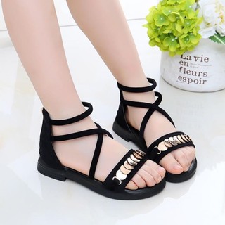 Giày sandal nữ đế bằng quai ngang kết khóa thẻ tròn dây kéo gót - SD133