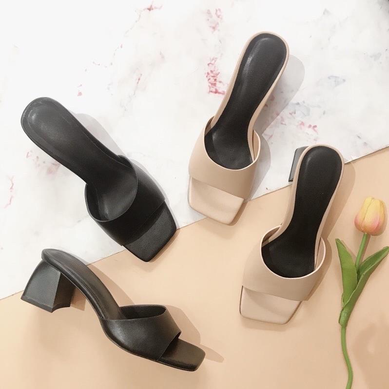 Guốc nữ - Dép nữ cao gót vuông đen 5p quai bản màu - G56