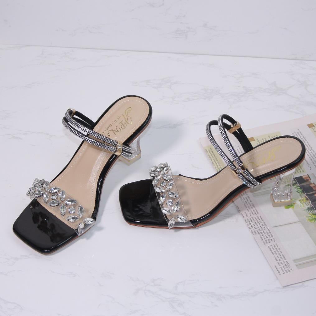 Giày sandal nữ cao gót vuông trong 7p quai trong kết bông đá phale dây xoàn 2 kiểu mang - SD158