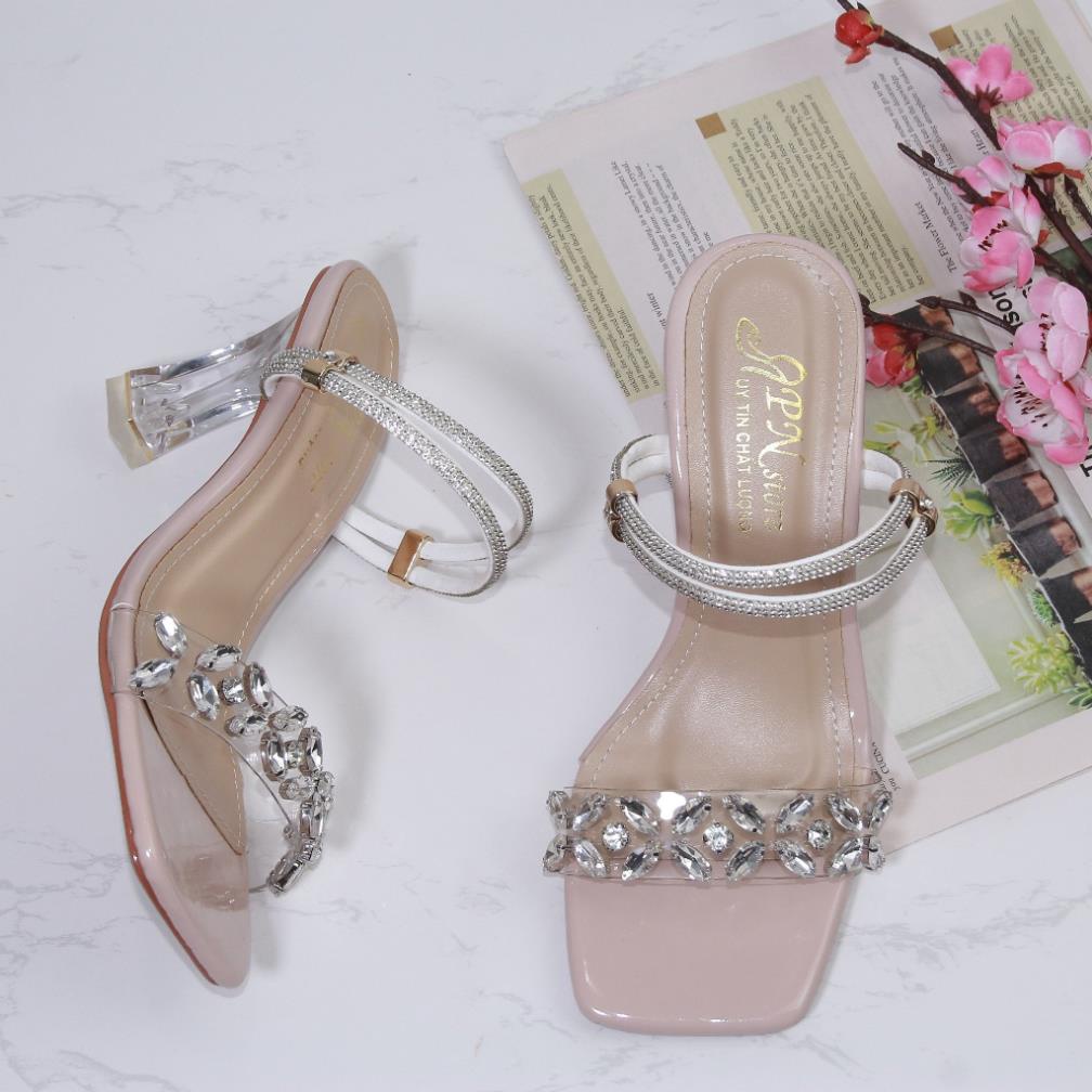 Giày sandal nữ cao gót vuông trong 7p quai trong kết bông đá phale dây xoàn 2 kiểu mang - SD158