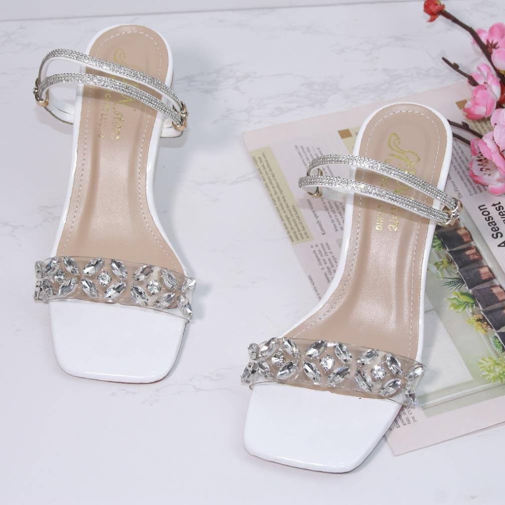 Giày sandal nữ cao gót vuông trong 7p quai trong kết bông đá phale dây xoàn 2 kiểu mang - SD158