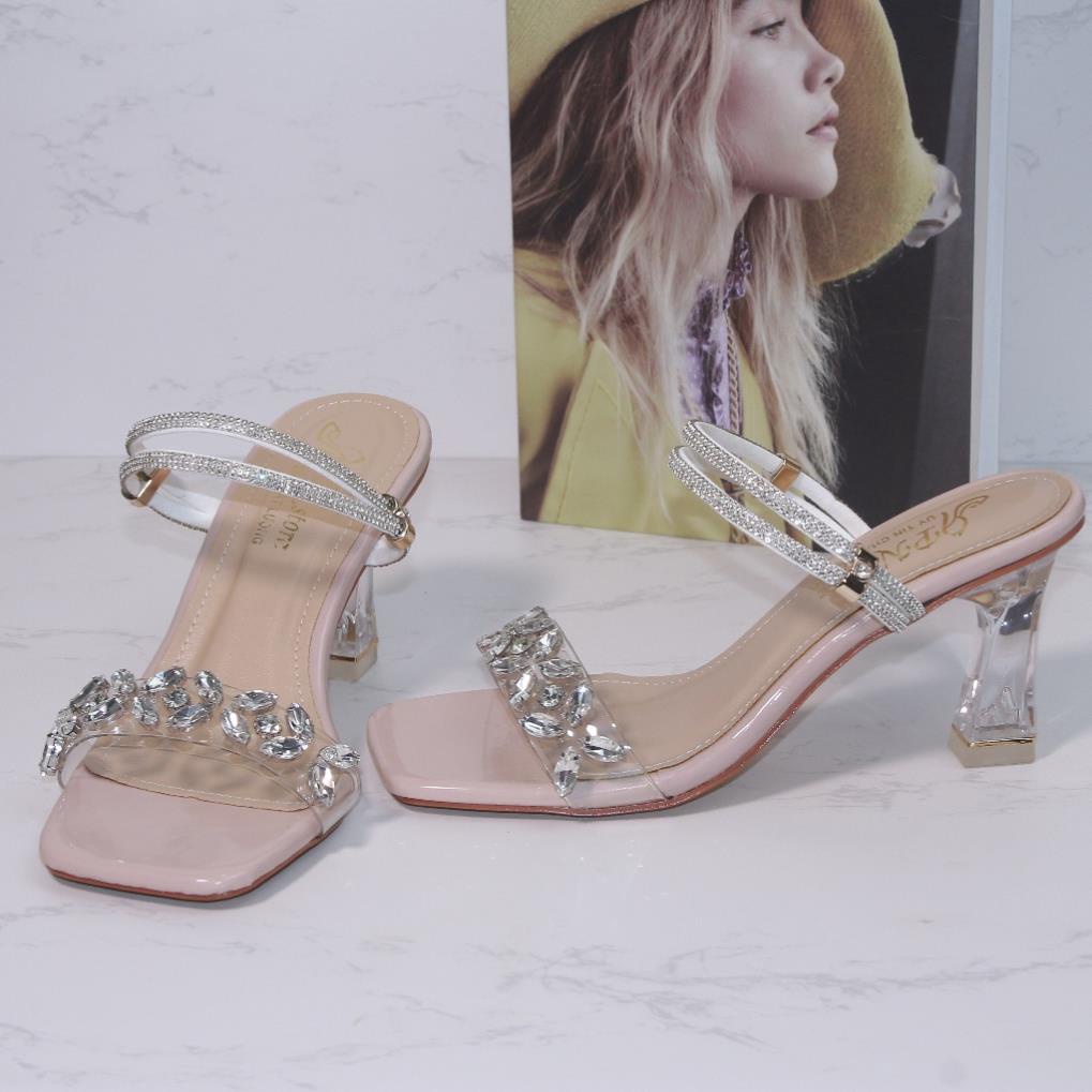 Giày sandal nữ cao gót vuông trong 7p quai trong kết bông đá phale dây xoàn 2 kiểu mang - SD158