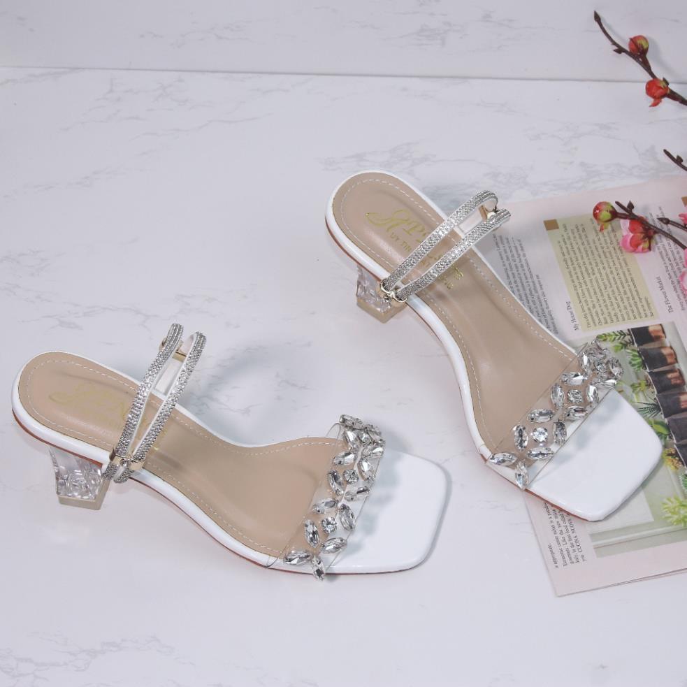 Giày sandal nữ cao gót vuông trong 7p quai trong kết bông đá phale dây xoàn 2 kiểu mang - SD158