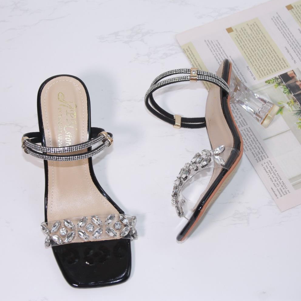 Giày sandal nữ cao gót vuông trong 7p quai trong kết bông đá phale dây xoàn 2 kiểu mang - SD158