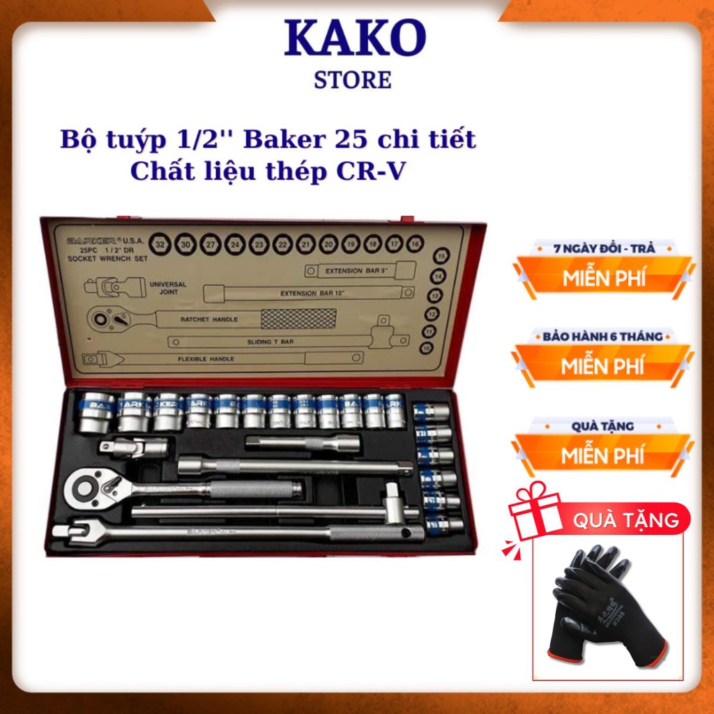 Bộ khẩu tuýp 1/2 inch 25 chi tiết Baker, Chất liệu thép CR-V, Kako Store