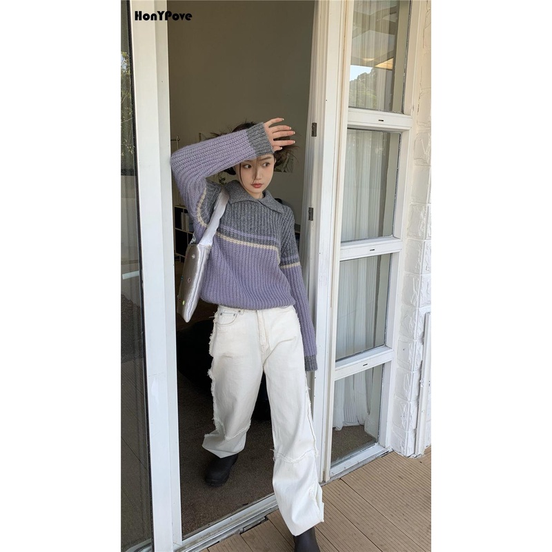 Honypove Áo Len Màu Tương Phản Kiểu Dáng Đơn Giản Hợp Thời Trang
