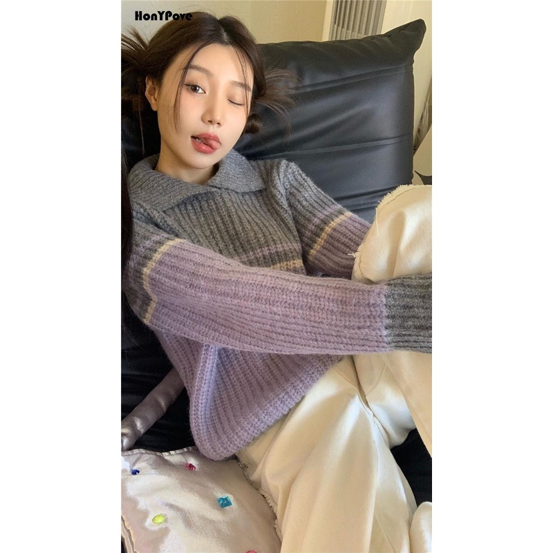 Honypove Áo Len Màu Tương Phản Kiểu Dáng Đơn Giản Hợp Thời Trang