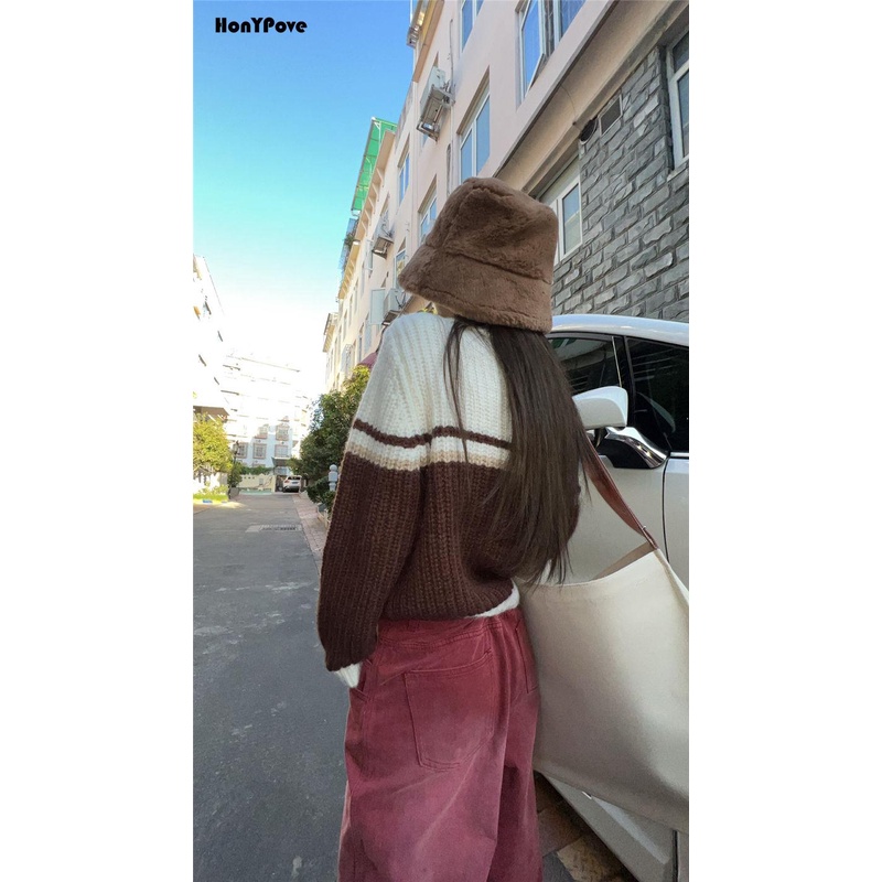 Honypove Áo Len Màu Tương Phản Kiểu Dáng Đơn Giản Hợp Thời Trang