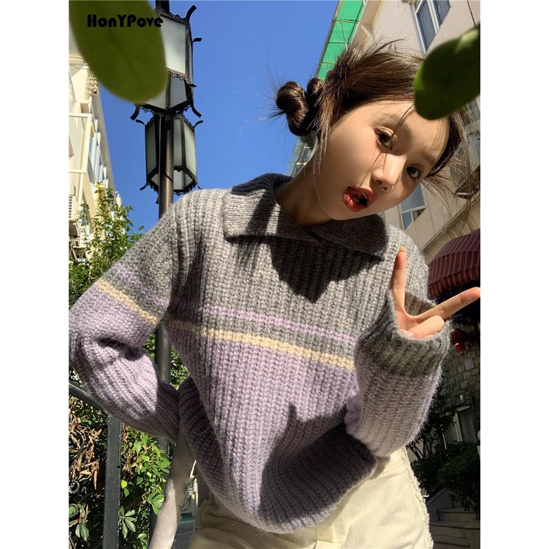 Honypove Áo Len Màu Tương Phản Kiểu Dáng Đơn Giản Hợp Thời Trang