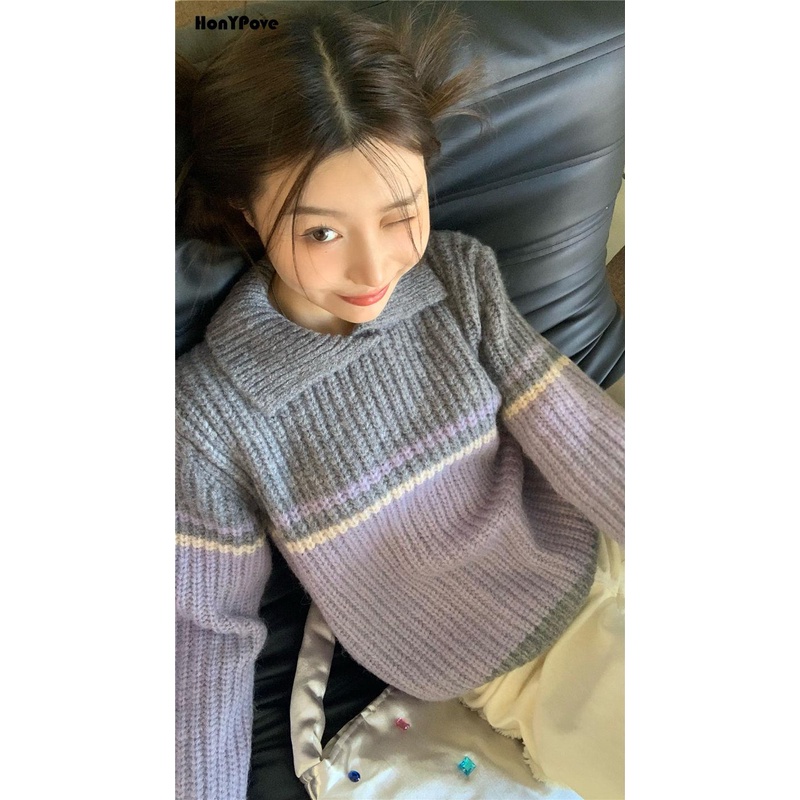 Honypove Áo Len Màu Tương Phản Kiểu Dáng Đơn Giản Hợp Thời Trang
