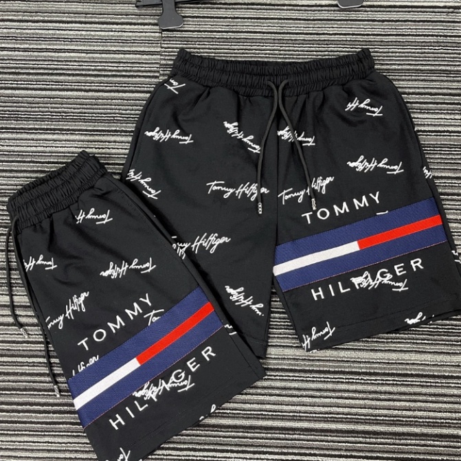 Quần đùi TOMMY hoạ tiết thêu kẻ ngang chữ chất vải dày dặn - Quần đùi nam nữ hot trend