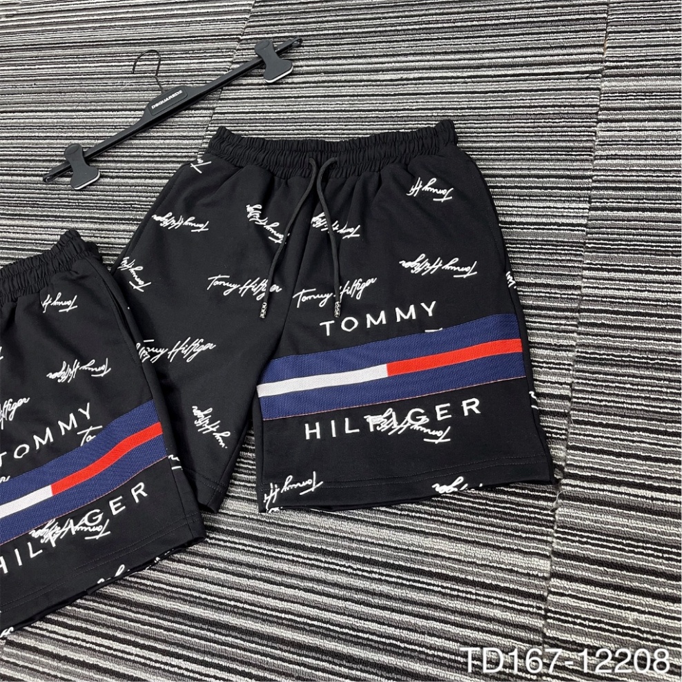Quần đùi TOMMY hoạ tiết thêu kẻ ngang chữ chất vải dày dặn - Quần đùi nam nữ hot trend