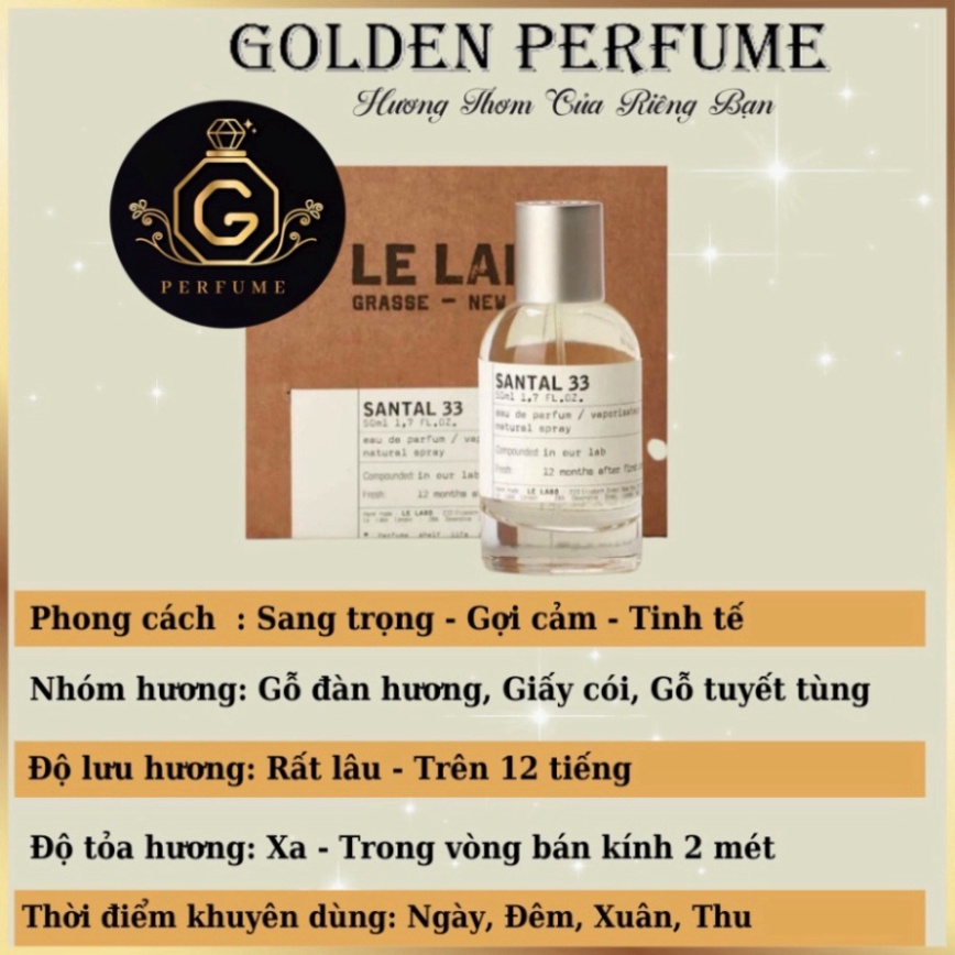 Nước Hoa Nam - Nữ chính hãng  chiết 10ml - Santal 33 thu hút cá tính edp - Golden Perfume