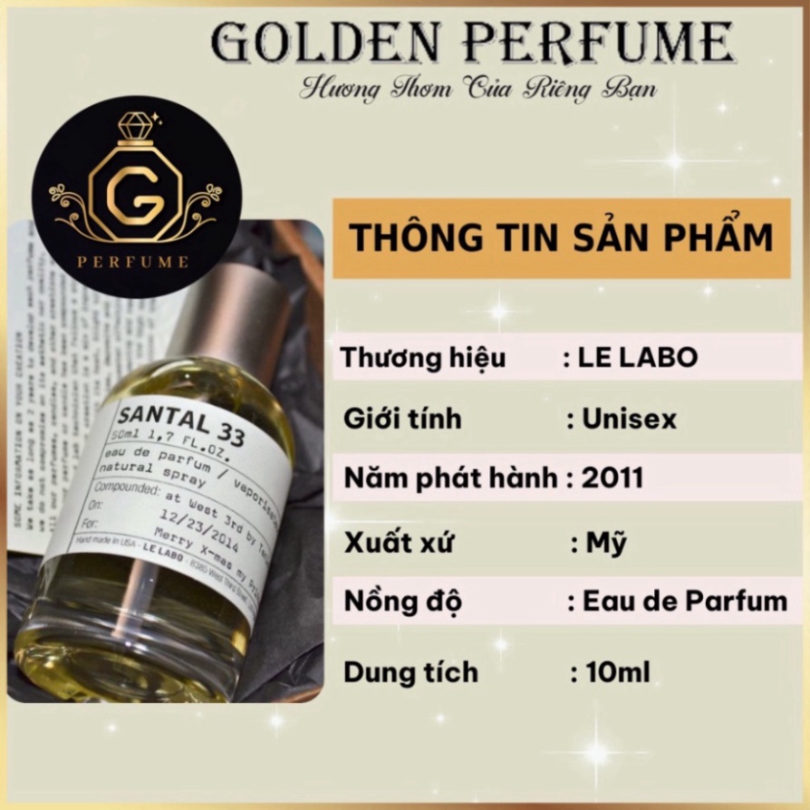 Nước Hoa Nam - Nữ chính hãng  chiết 10ml - Santal 33 thu hút cá tính edp - Golden Perfume