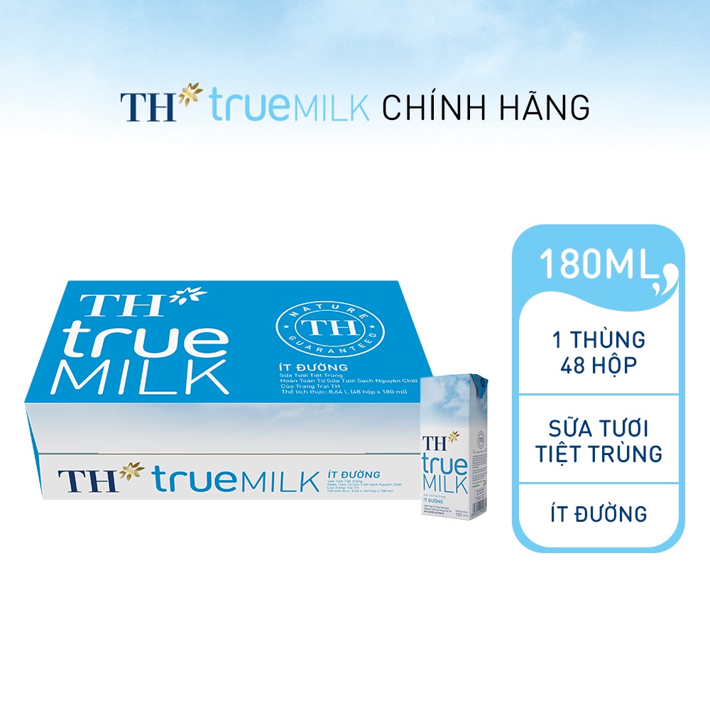 Thùng 48 hộp sữa tươi tiệt trùng ít đường TH True Milk 180ml (180ml x 48)