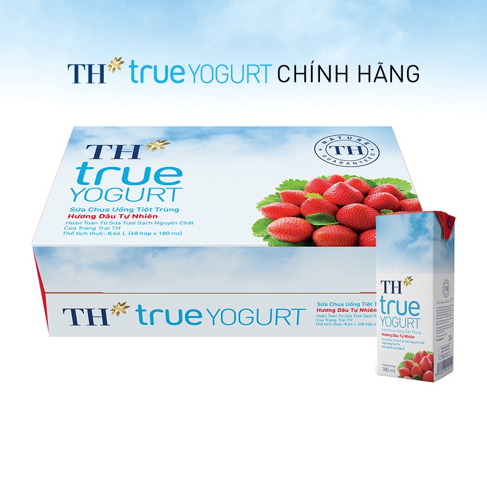 Thùng 48 hộp sữa chua uống tiệt trùng hương dâu tự nhiên TH True Yogurt 180ml