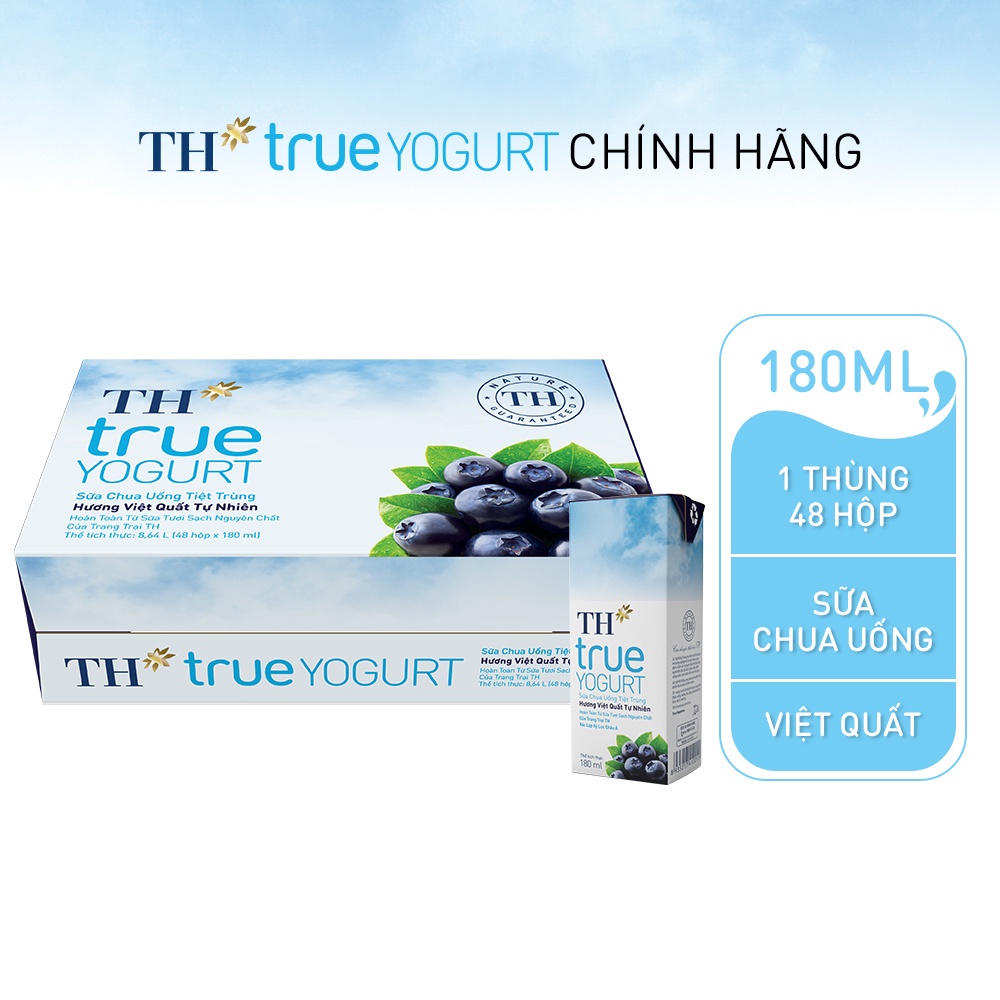 Thùng 48 hộp sữa chua uống tiệt trùng hương việt quất tự nhiên TH True Yogurt 180ml (180ml x 48)