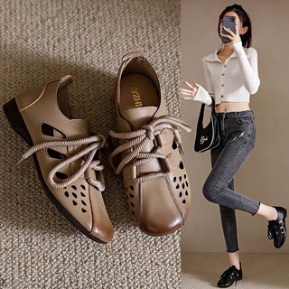 Giày Da Đế Bằng Mềm Mại Thiết Kế Đục Lỗ Thoáng Khí Phong Cách retro 2023 Cho Nữ