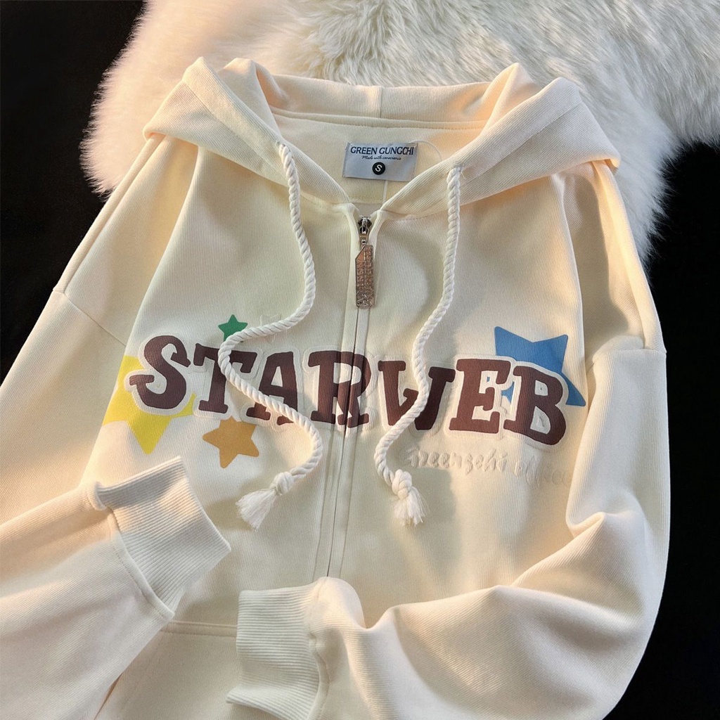 Áo Thun NgắN Tay ThờI Trang Cho Nữ★Áo Khoác cardigan Mỏng Có Mũ Trùm Dáng Rộng In Hình Ngôi Sao Kiểu retro Mỹ Cho Nam Và Nữ