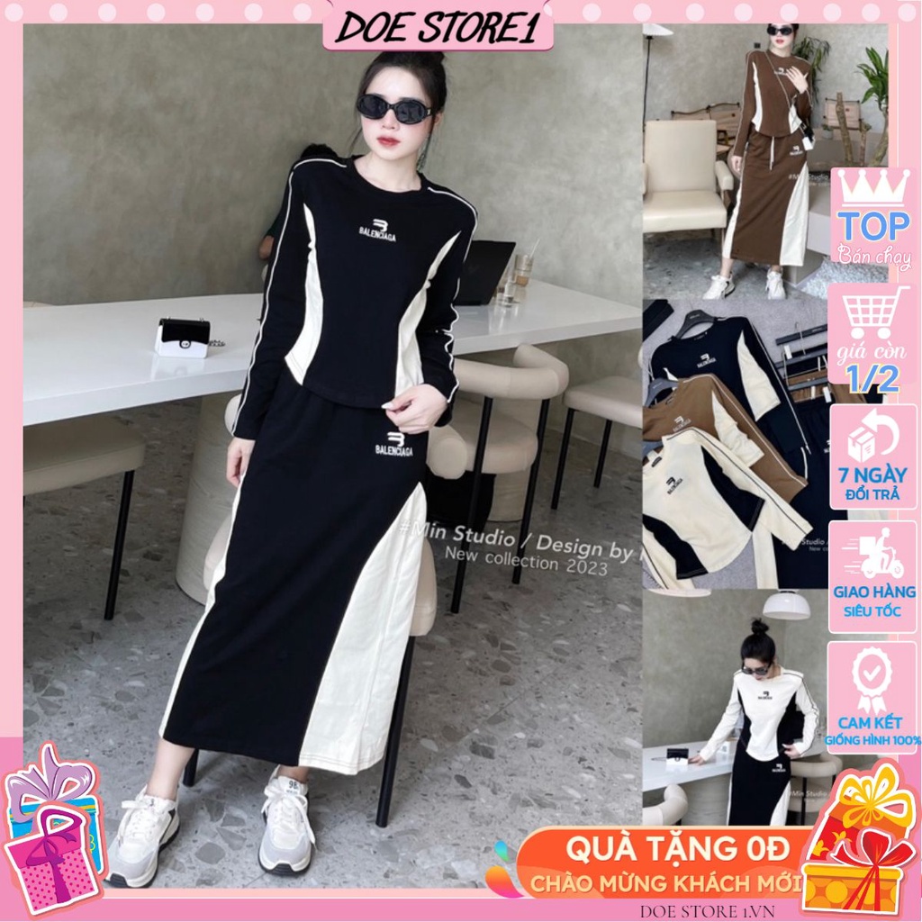Set váy chữ nổi tay ngắn mix chân váy dài phối siêu xinh