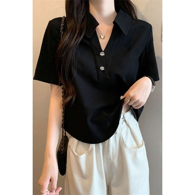 Áo croptop kiểu áo croptop bigsize Áo phông cộc tay cổ chữ V không quy tắc cỡ lớn cho nữ áo polo mẫu ngắn che bụng thon gọn cho người béo mùa hè áo vai rộng