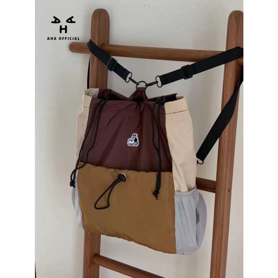 Aha Ba Lô Rút Dây Cỡ Lớn Màu Tương Phản Phong Cách retro Mùa Thu 2023
