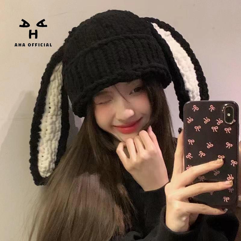Aha Mũ Len Dệt Kim Thủ Công Đính Tai Thỏ Dài Dễ Thương Ngọt Ngào Thời Trang Thu Đông Chính Hãng Cho Nữ