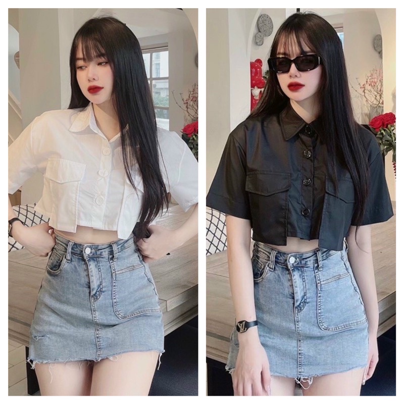 Áo Sơ Mi Croptop 2 Túi Dài Mẫu Mới Hót Hít, Phong Cách Hàn Quốc trẻ trung sành Điệu