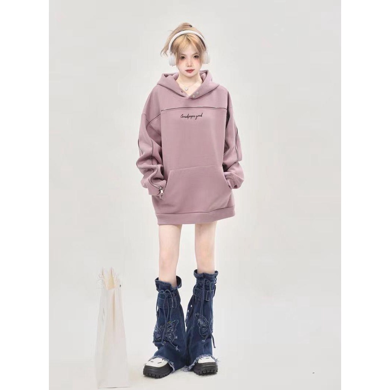 Áo Hoodie cotton Nguyên Chất Mỹ Dáng Rộng Có Khóa Kéo Thời Trang Xuân Thu Cho Nữ