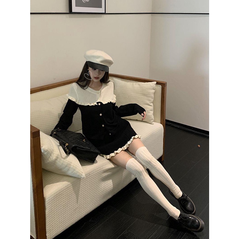 Set Áo Thun Dài Tay + Chân Váy Chữ a Màu Tương Phản Phong Cách Hàn Quốc Thời Trang Cho Nữ