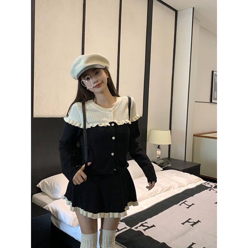 Set Áo Thun Dài Tay + Chân Váy Chữ a Màu Tương Phản Phong Cách Hàn Quốc Thời Trang Cho Nữ