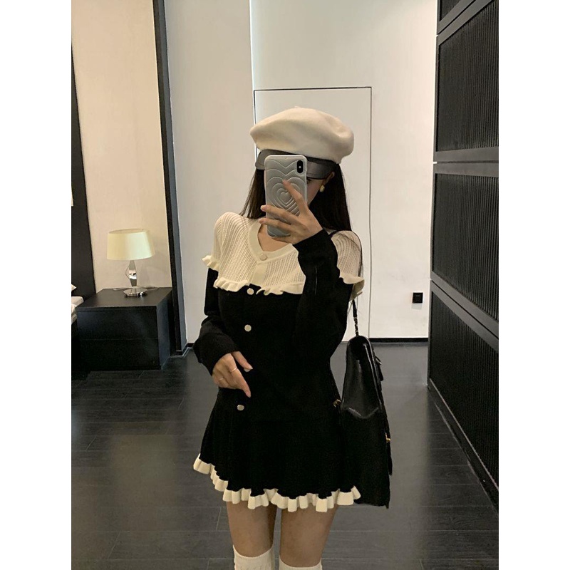 Set Áo Thun Dài Tay + Chân Váy Chữ a Màu Tương Phản Phong Cách Hàn Quốc Thời Trang Cho Nữ