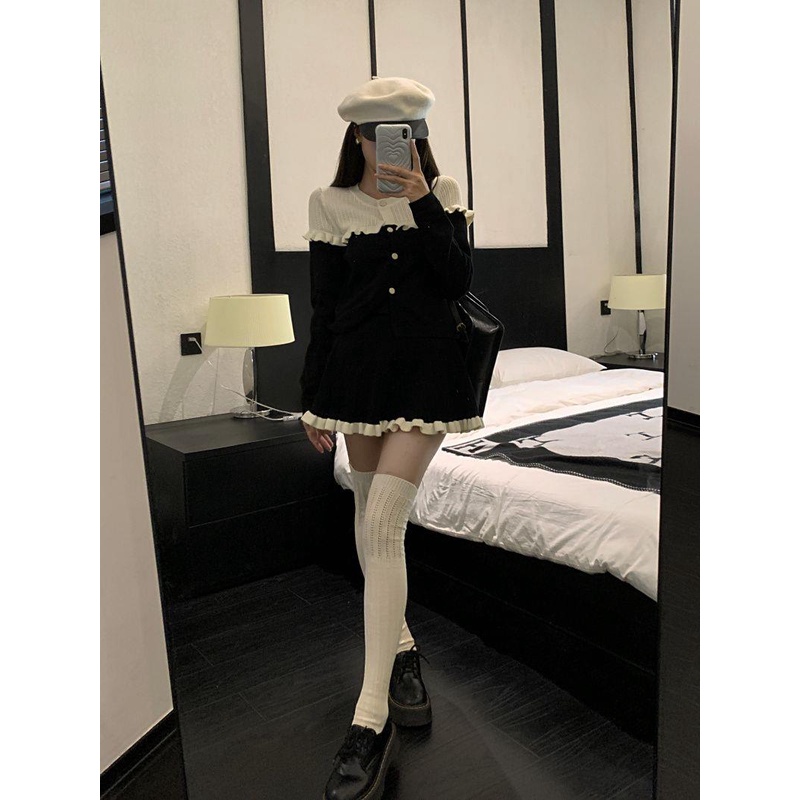 Set Áo Thun Dài Tay + Chân Váy Chữ a Màu Tương Phản Phong Cách Hàn Quốc Thời Trang Cho Nữ