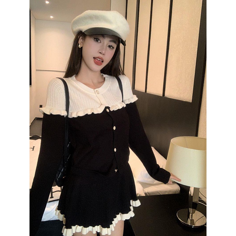 Set Áo Thun Dài Tay + Chân Váy Chữ a Màu Tương Phản Phong Cách Hàn Quốc Thời Trang Cho Nữ