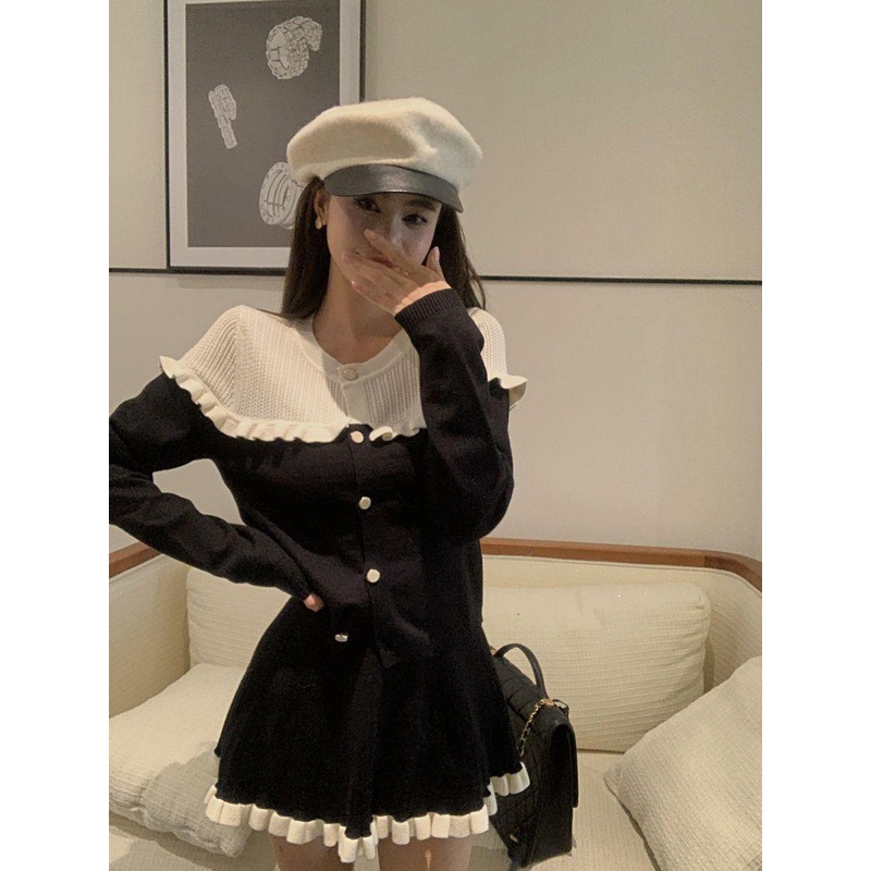 Set Áo Thun Dài Tay + Chân Váy Chữ a Màu Tương Phản Phong Cách Hàn Quốc Thời Trang Cho Nữ