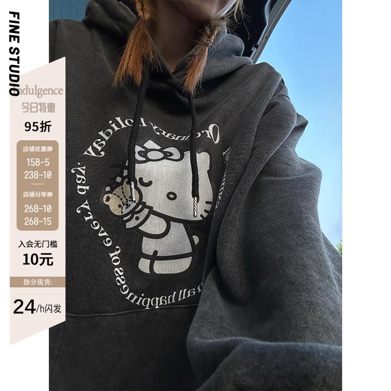 Fine studio Áo Hoodie Tay Dài Dáng Rộng In Hình Mèo Mùa Thu Đông Dễ Phối Đồ Phong Cách Mỹ Cho Nữ