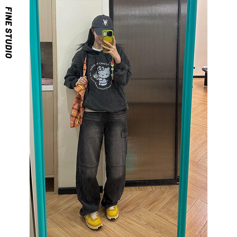 Fine studio Áo Hoodie Tay Dài Dáng Rộng In Hình Mèo Mùa Thu Đông Dễ Phối Đồ Phong Cách Mỹ Cho Nữ