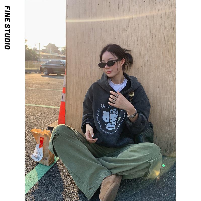 Fine studio Áo Hoodie Tay Dài Dáng Rộng In Hình Mèo Mùa Thu Đông Dễ Phối Đồ Phong Cách Mỹ Cho Nữ